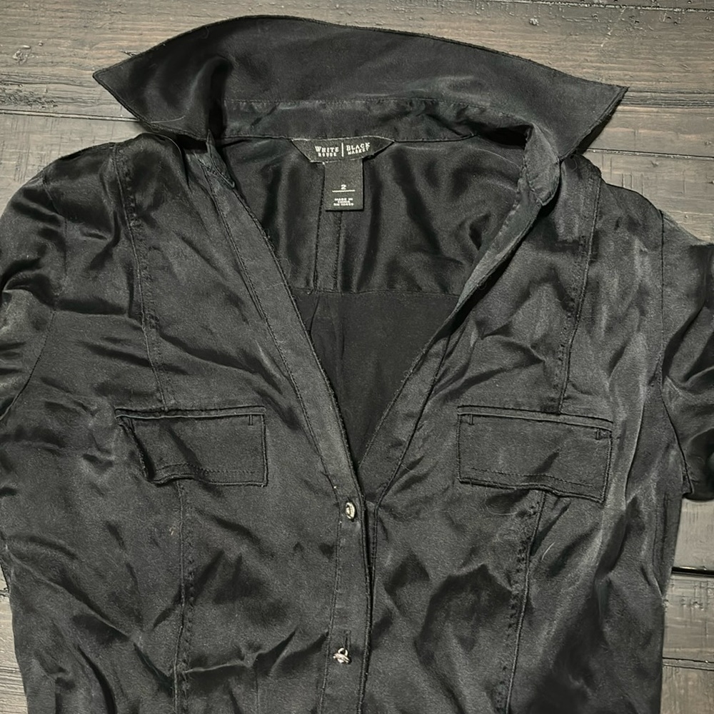 WHBM silk black button up. Fitted size 2